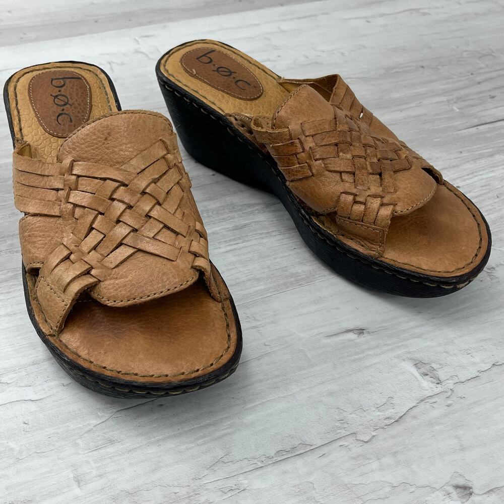 B.O.C. Born Brown Leather Woven Wedge Sandals Women's Size 7 Slip On Boho
